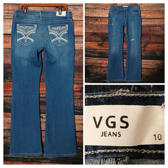 VGS Jeans Size 10 Boot Cut Mid Rise Embellished Flap Pocket Blue Denim Stretch - Picture 1 of 11